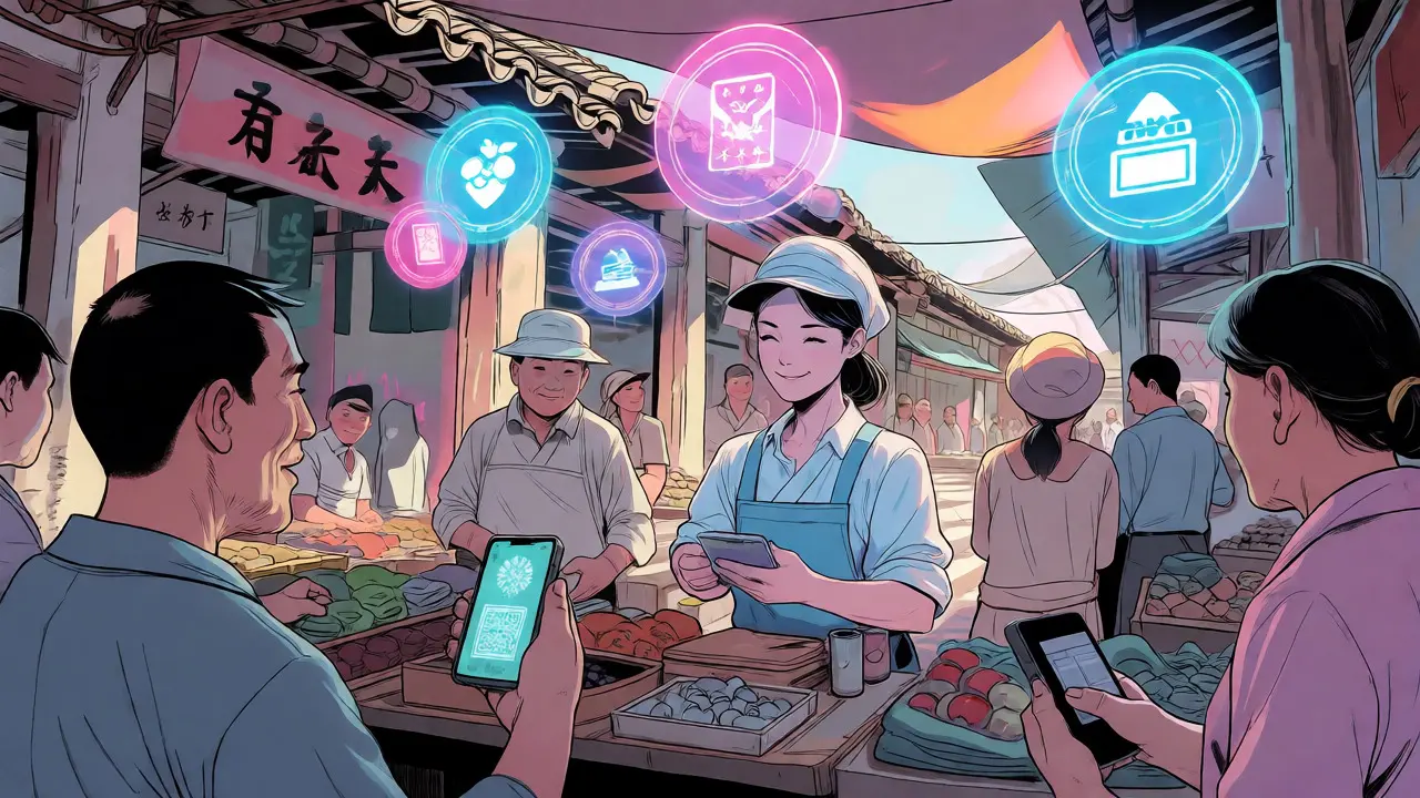 Market scene with digital payments and tokenization