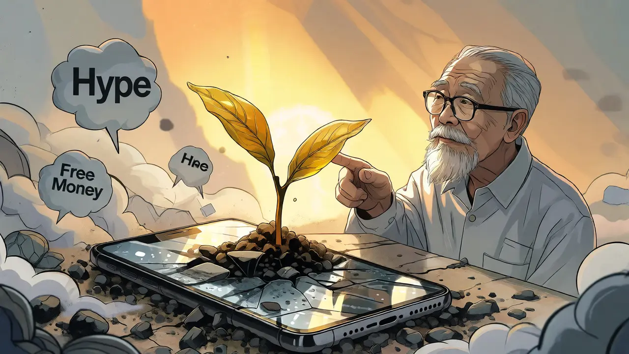 Mentor figure pointing to a growing plant on a phone screen, symbolizing DeFi utility replacing fading hype.