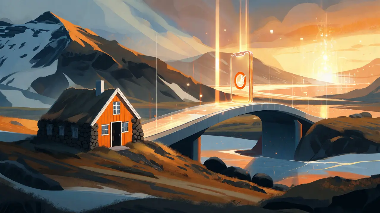 Modern bridge connecting an Icelandic home to a futuristic digital horizon