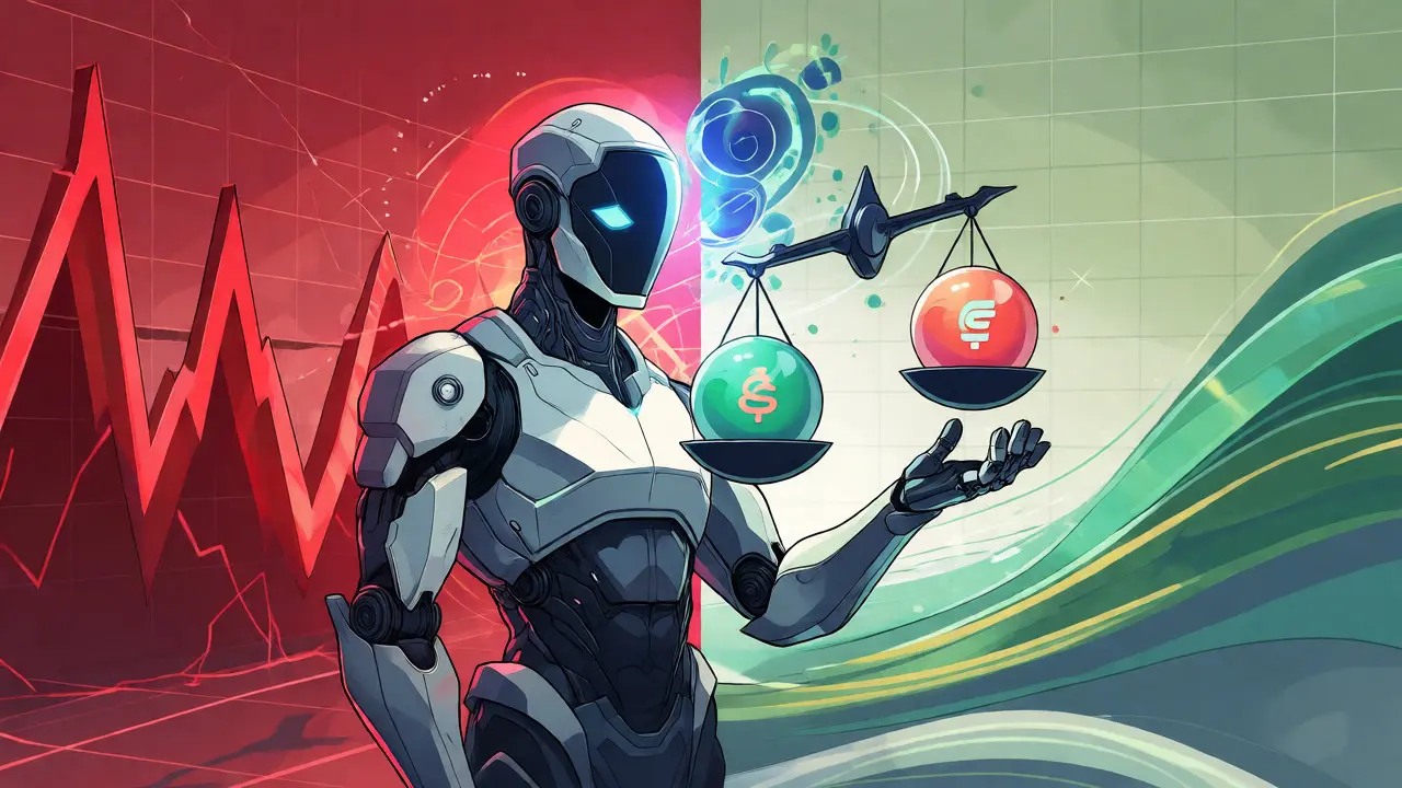 Robotic guardian balancing market prices in a manhua depiction of the Peanut Protocol's mechanics.