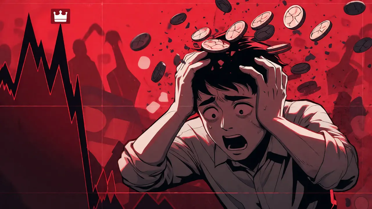 Shocked character watching the SENSO token price chart crash dramatically.