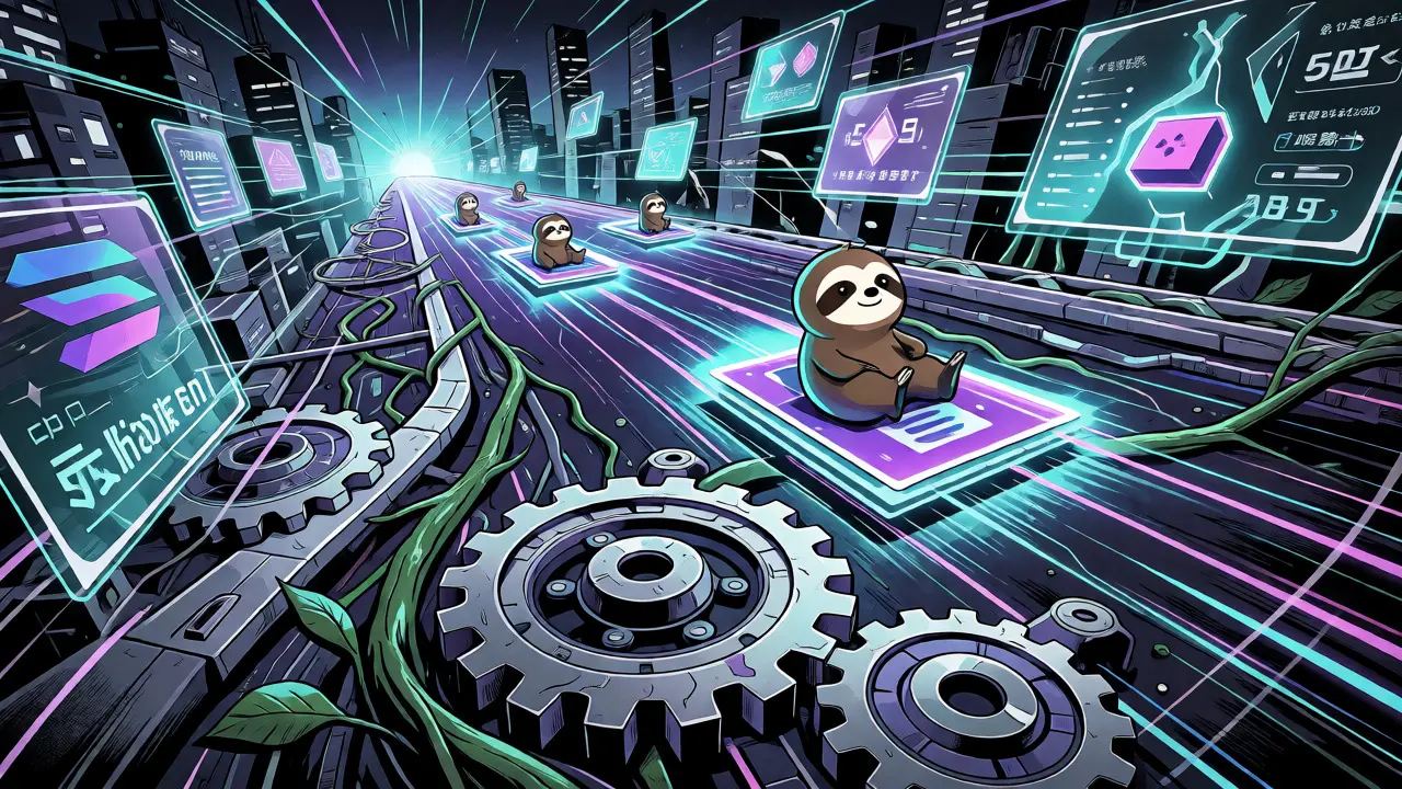 Sloth riding a fast digital highway on the Solana blockchain network