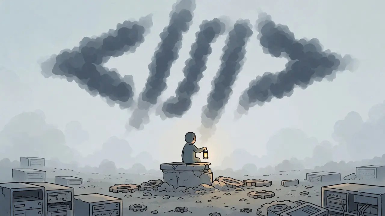 Solitary figure in a desolate landscape symbolizing project stagnation