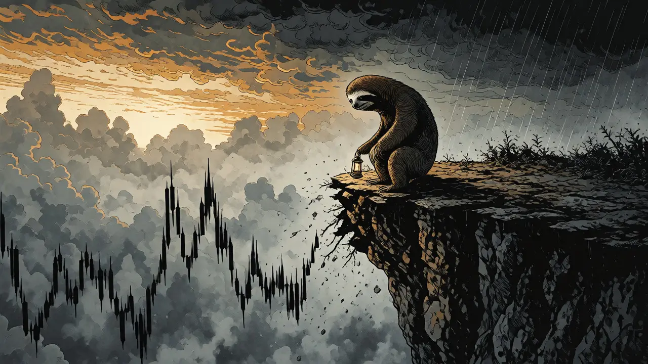 Solitary sloth standing on a broken chart cliff under a stormy sky