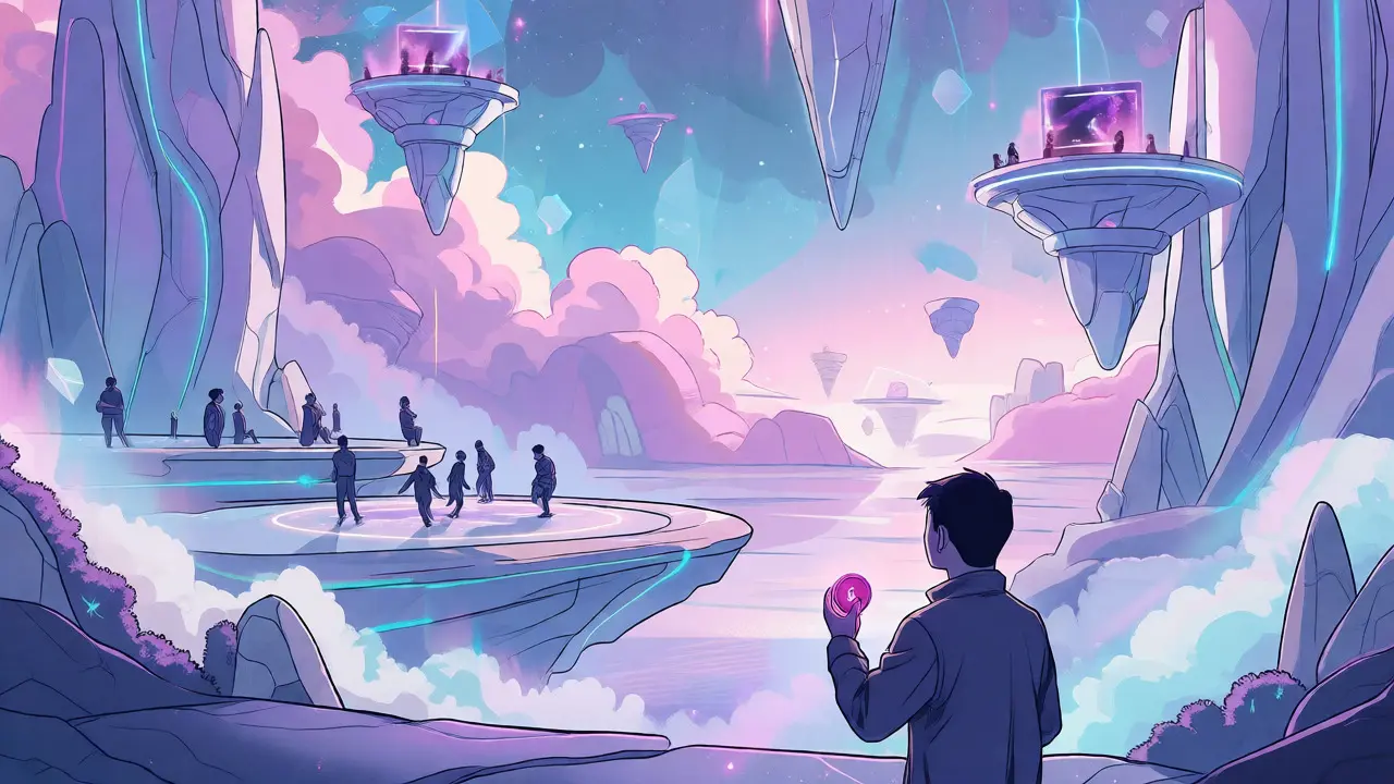 Solitary user in the vast, empty Sensorium Galaxy VR world holding a small token.