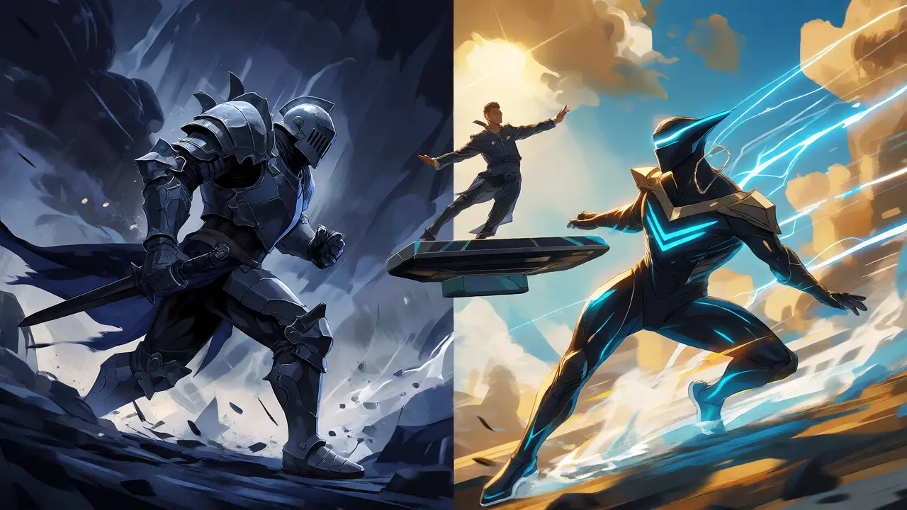 Split scene comparing a slow, armored Bitcoin knight with a fast, futuristic Solana speedster character.