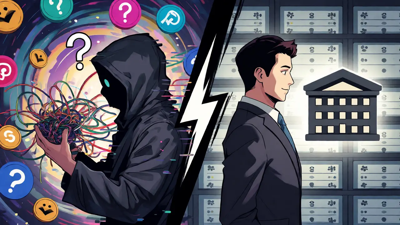 Split-screen manhua art contrasting an anonymous crypto figure with a corporate IT entity.