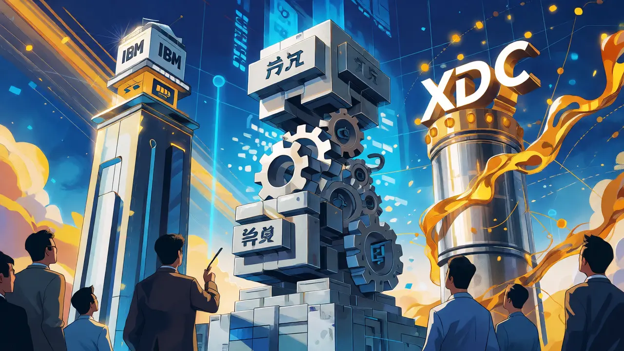 Stylized manhua art showing IBM, Hyperledger, and XDC blockchain platforms as pillars.