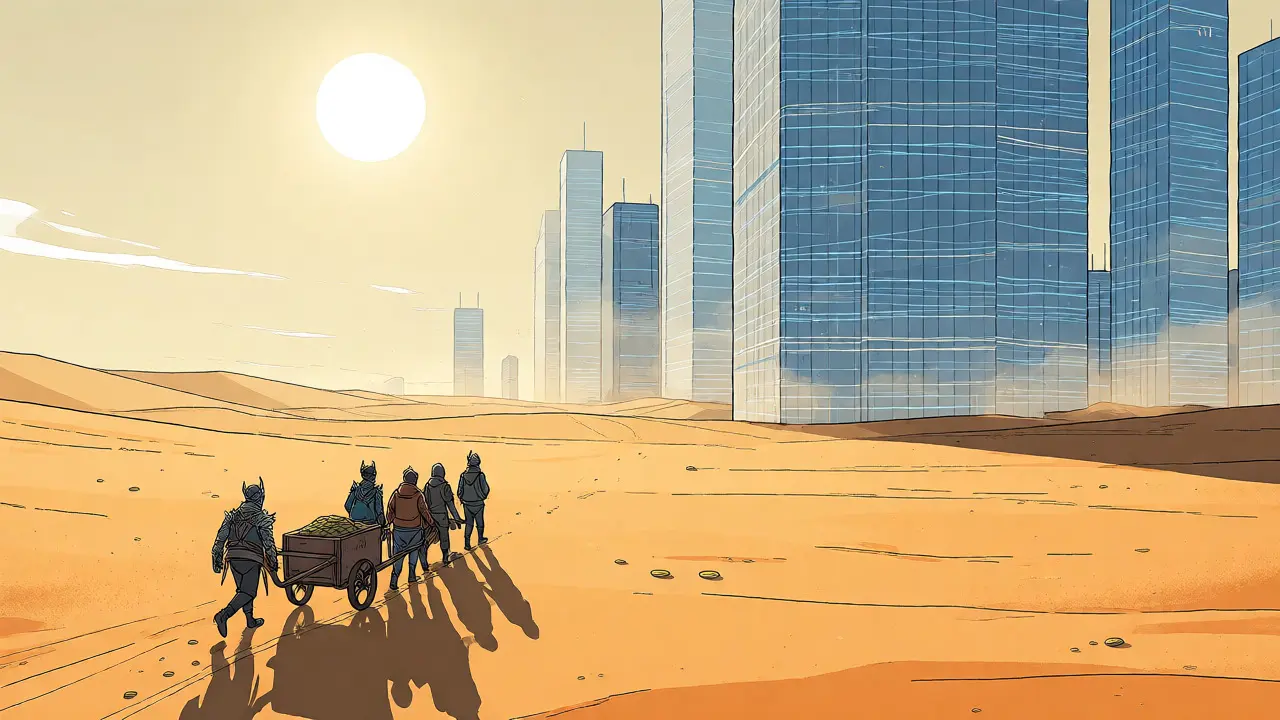 Stylized traders struggling across a desert toward distant institutional skyscrapers, symbolizing low liquidity.