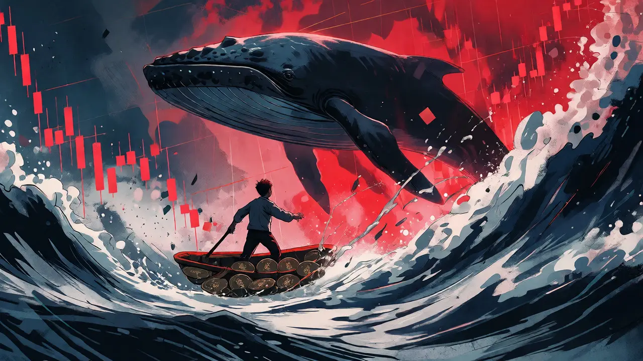 Tiny boat on volatile red charts facing a giant shadow whale in manhua style