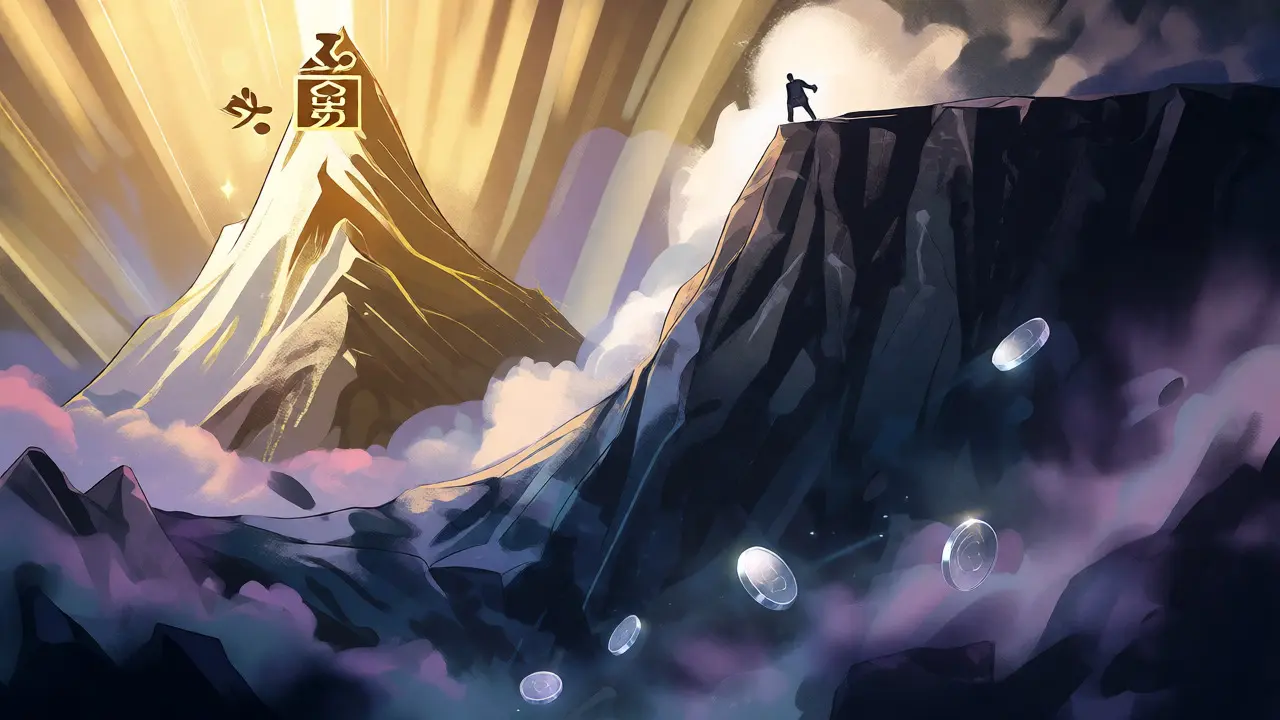 Visual metaphor of crypto price crashing from a golden peak into a dark abyss